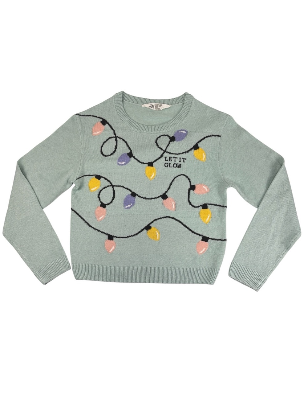 H&M Girls Mint Green Let It Glow Christmas Lights Holiday Sweater Size 8/10
